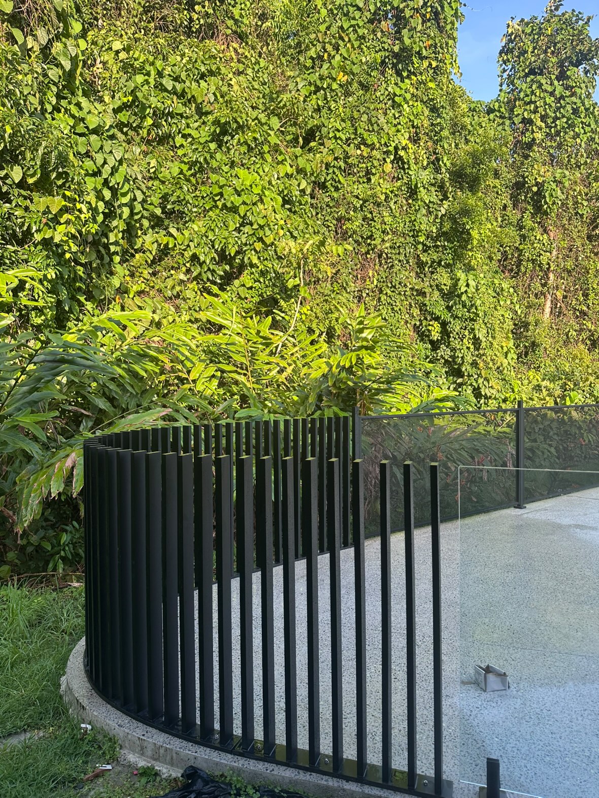 Dark curved pool fence with greenery