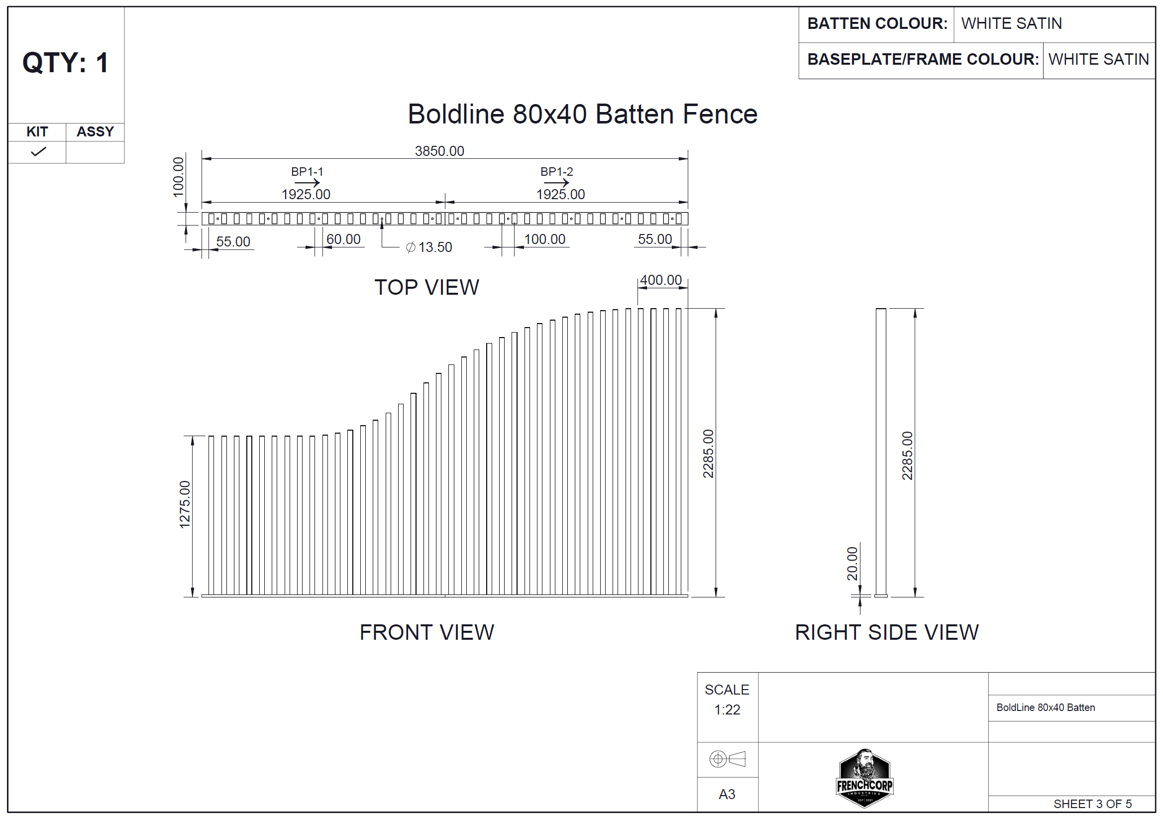 BoldLine 80x40 batten fence - dimensioned views