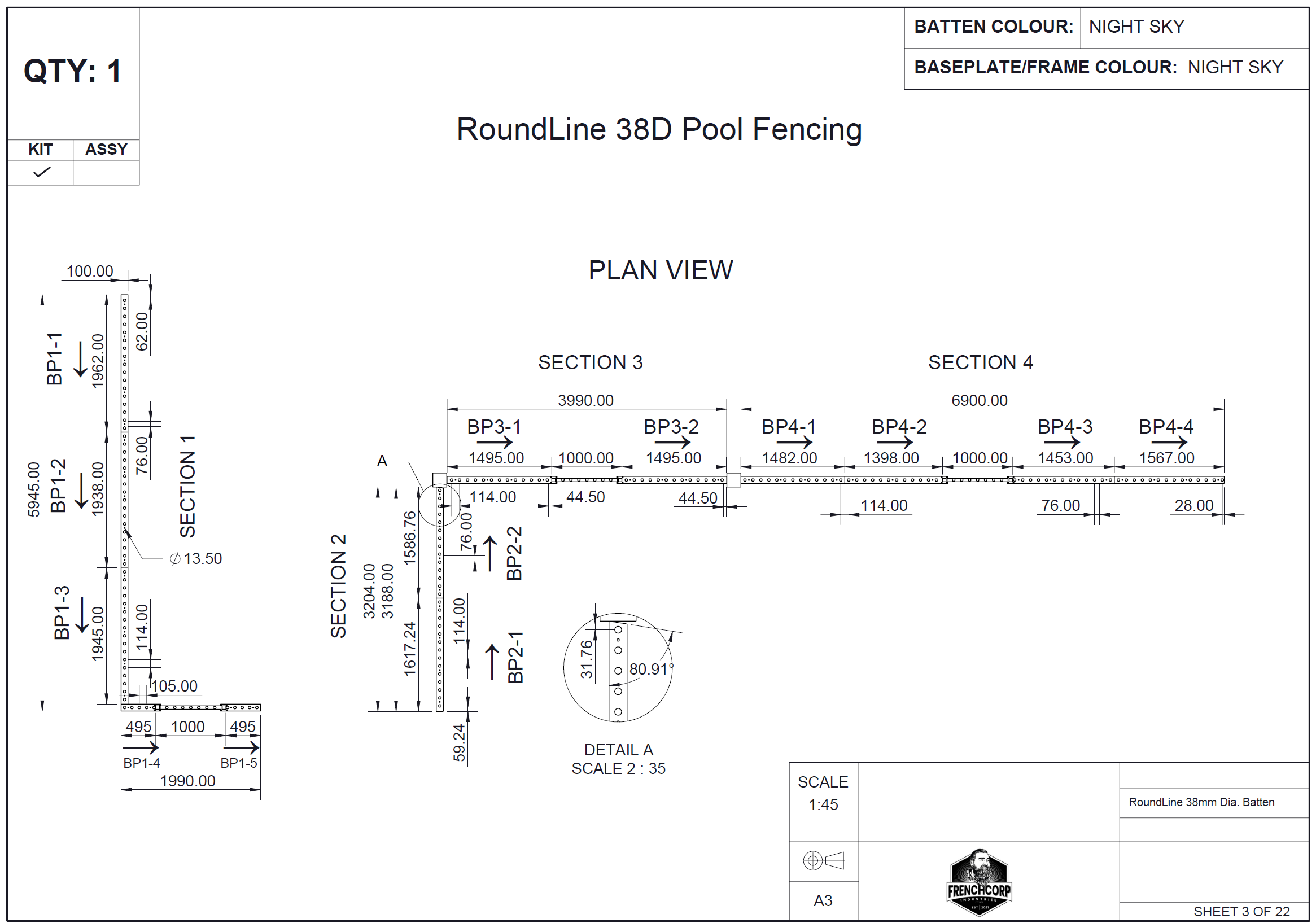 RoundLine 38D pool fencing - plan view with dimensions