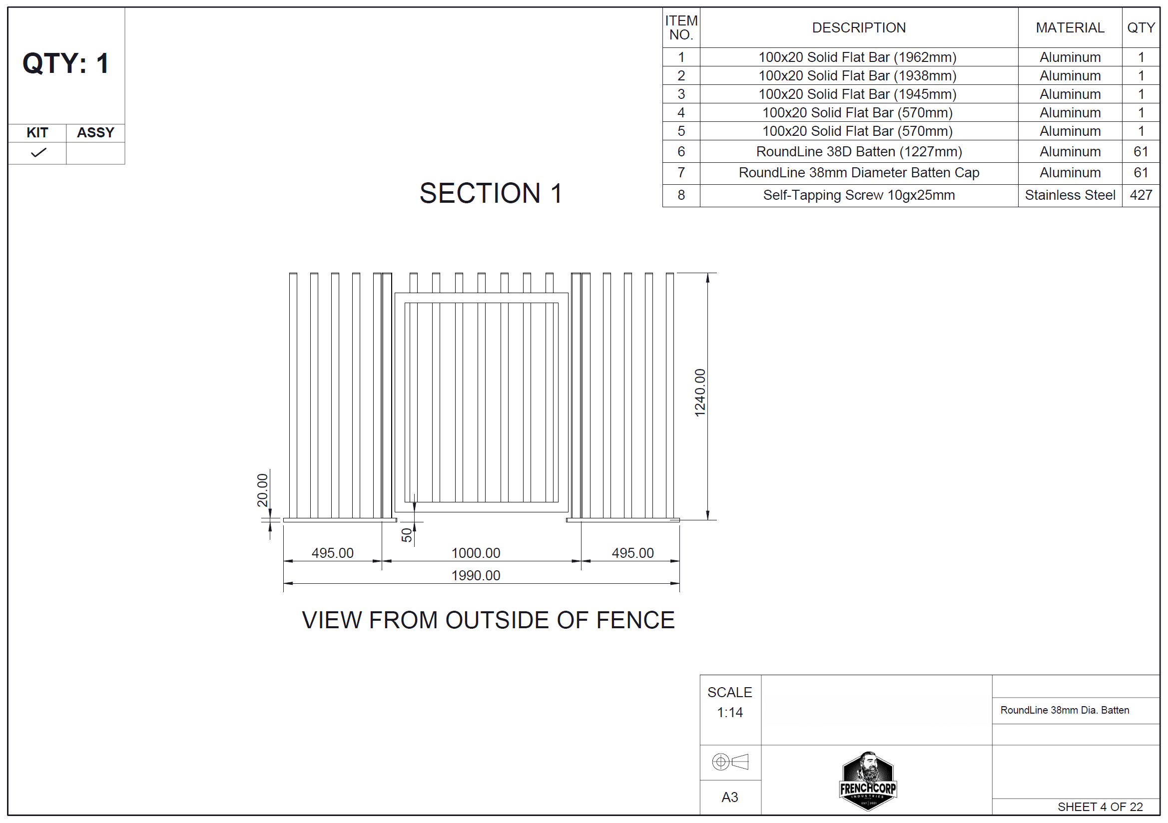 RoundLine 38D pool fencing - section view with materials list
